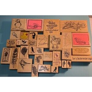 Lot of 32 Birds And Feathers Stamps Wooden Rubber Mixed Stamps Crafting Vintage